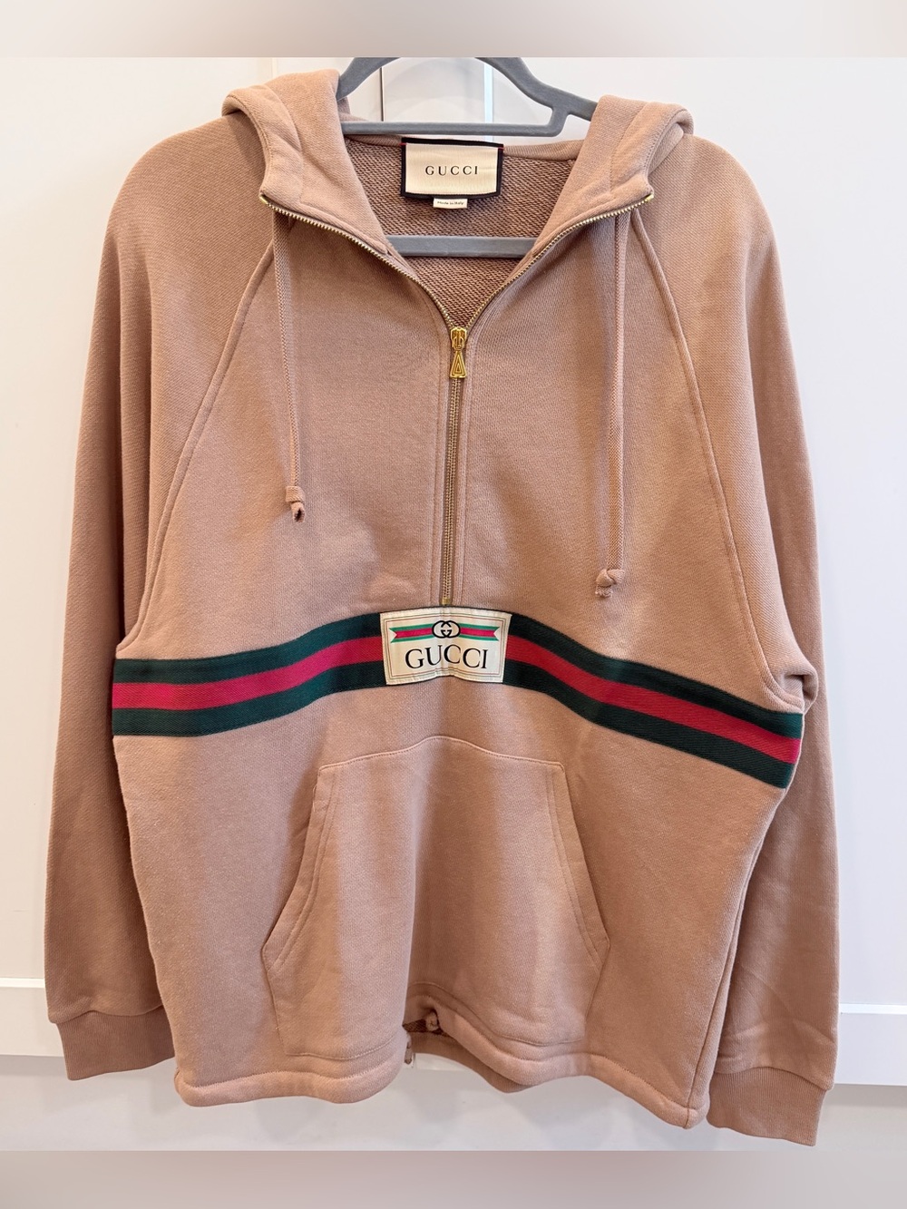 Gucci Half‎ Zip Hoodie Web Stripe Logo Patch Beige Pink Cotton Size S Italy